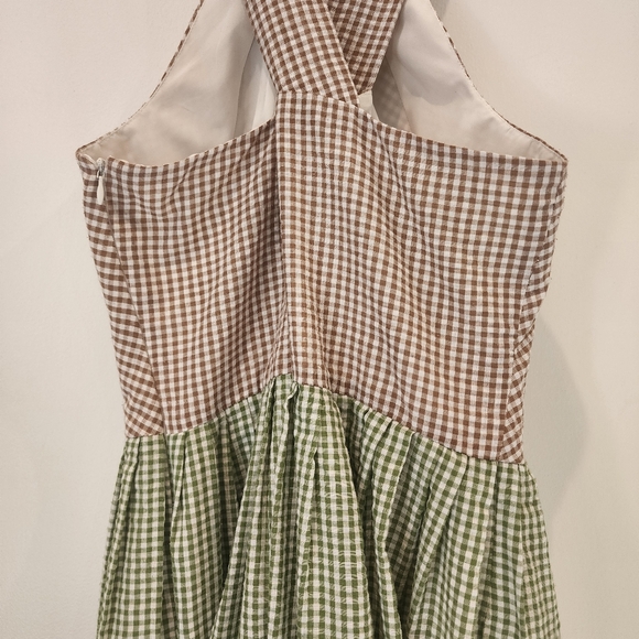 Gal Meets Glam Gingham Colorblock X-Back Pleated Halter Dress - Picture 10 of 11